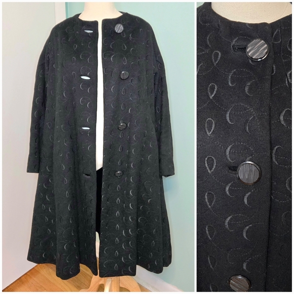 Vintage Embroidered Heavy Winter Wool Opera Theater Swing Over Coat Black XL